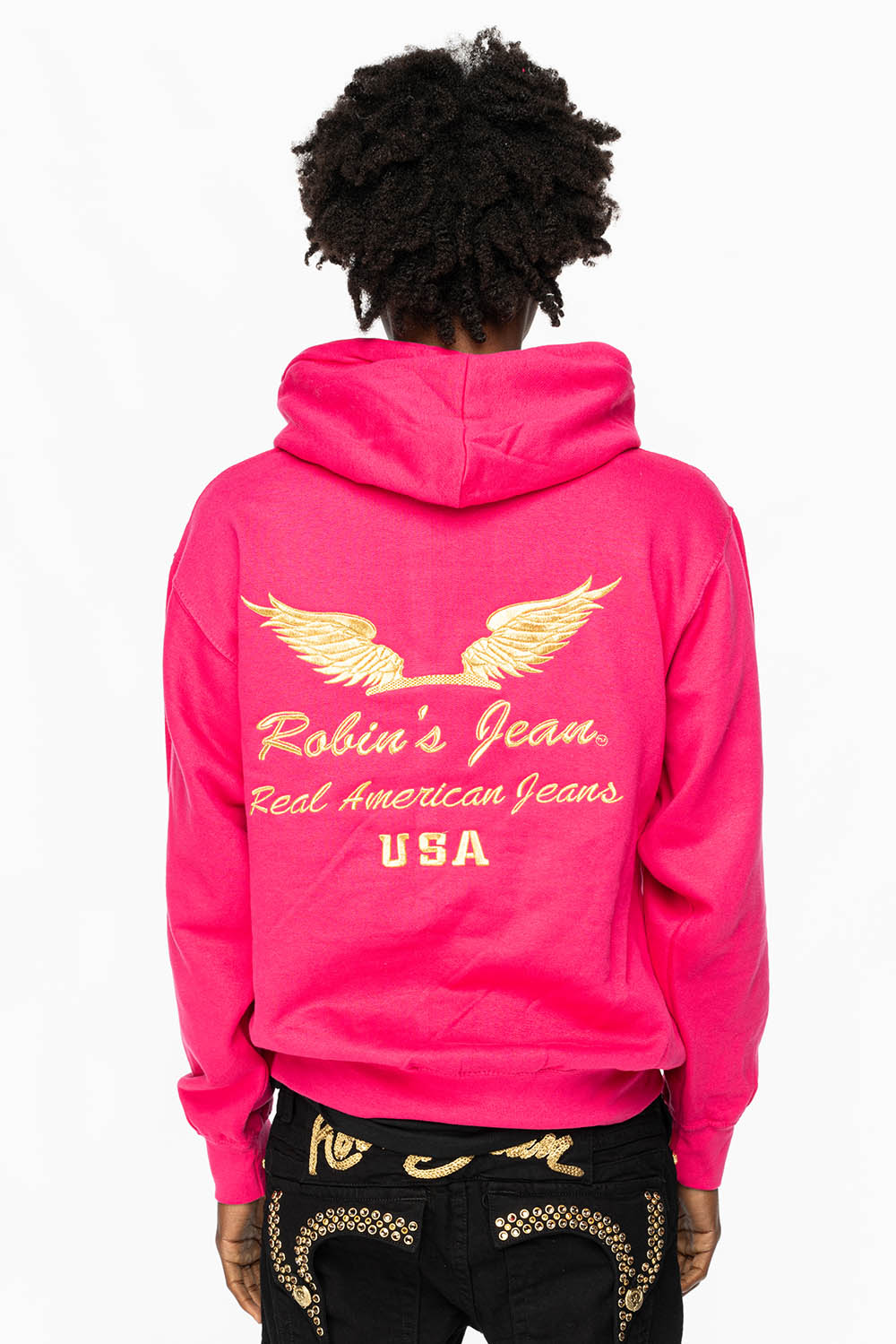 PULLOVER HOODIE IN FUSCHIA WITH GOLD WINGS EMBROIDERY