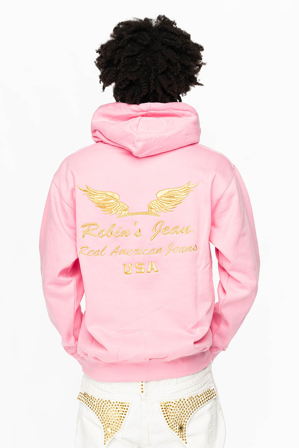 PULLOVER HOODIE IN LIGHT PINK WITH GOLD WINGS EMBROIDERY