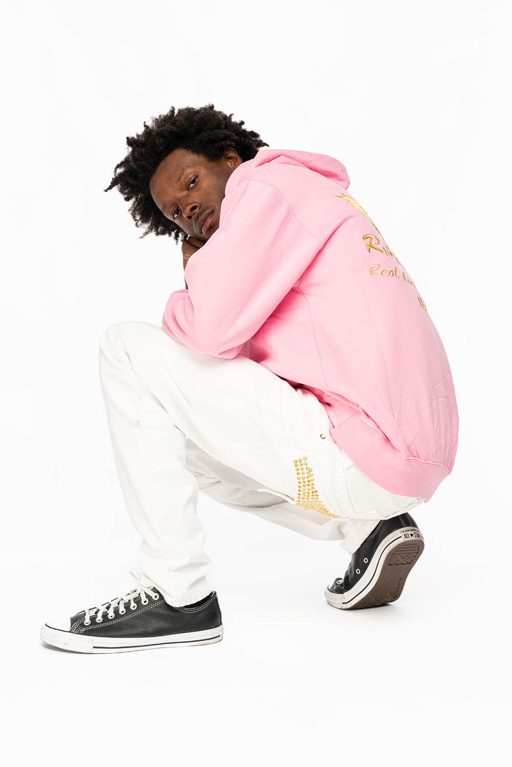 PULLOVER HOODIE IN LIGHT PINK WITH GOLD WINGS EMBROIDERY