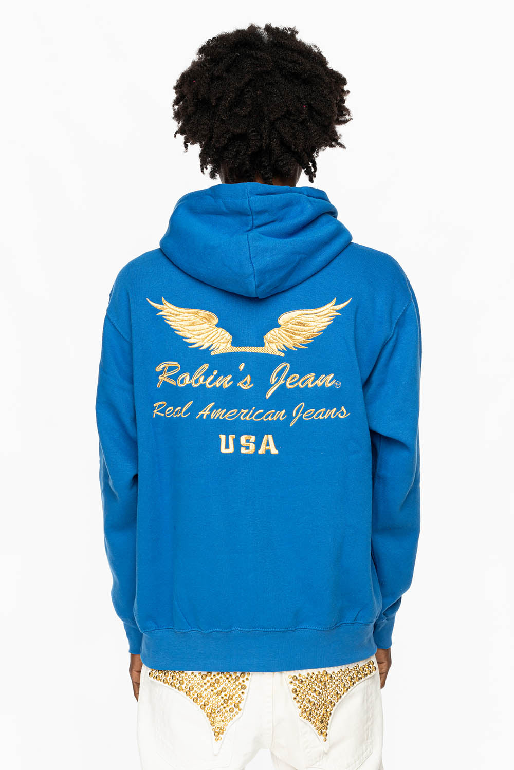 PULLOVER HOODIE IN ROYAL BLUE WITH GOLD WINGS EMBROIDERY