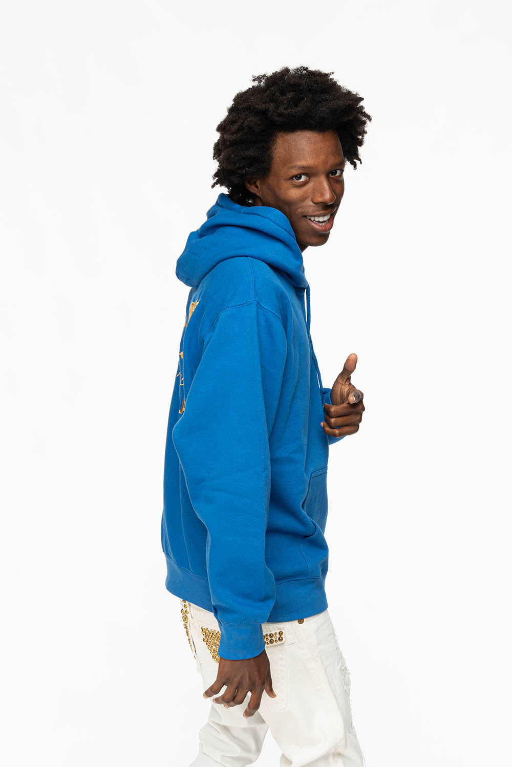 PULLOVER HOODIE IN ROYAL BLUE WITH GOLD WINGS EMBROIDERY
