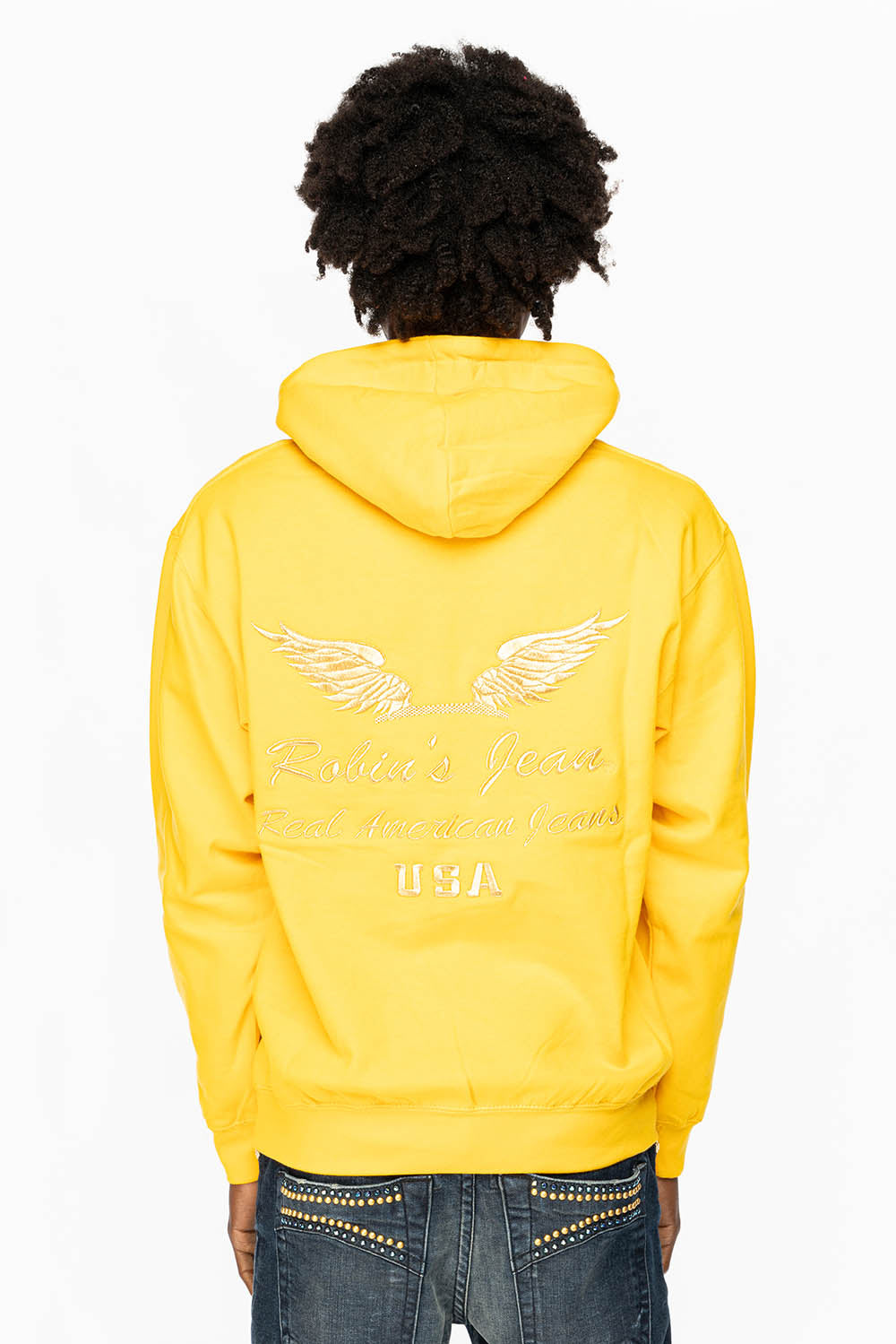 PULLOVER HOODIE IN YELLOW WITH GOLD WINGS EMBROIDERY