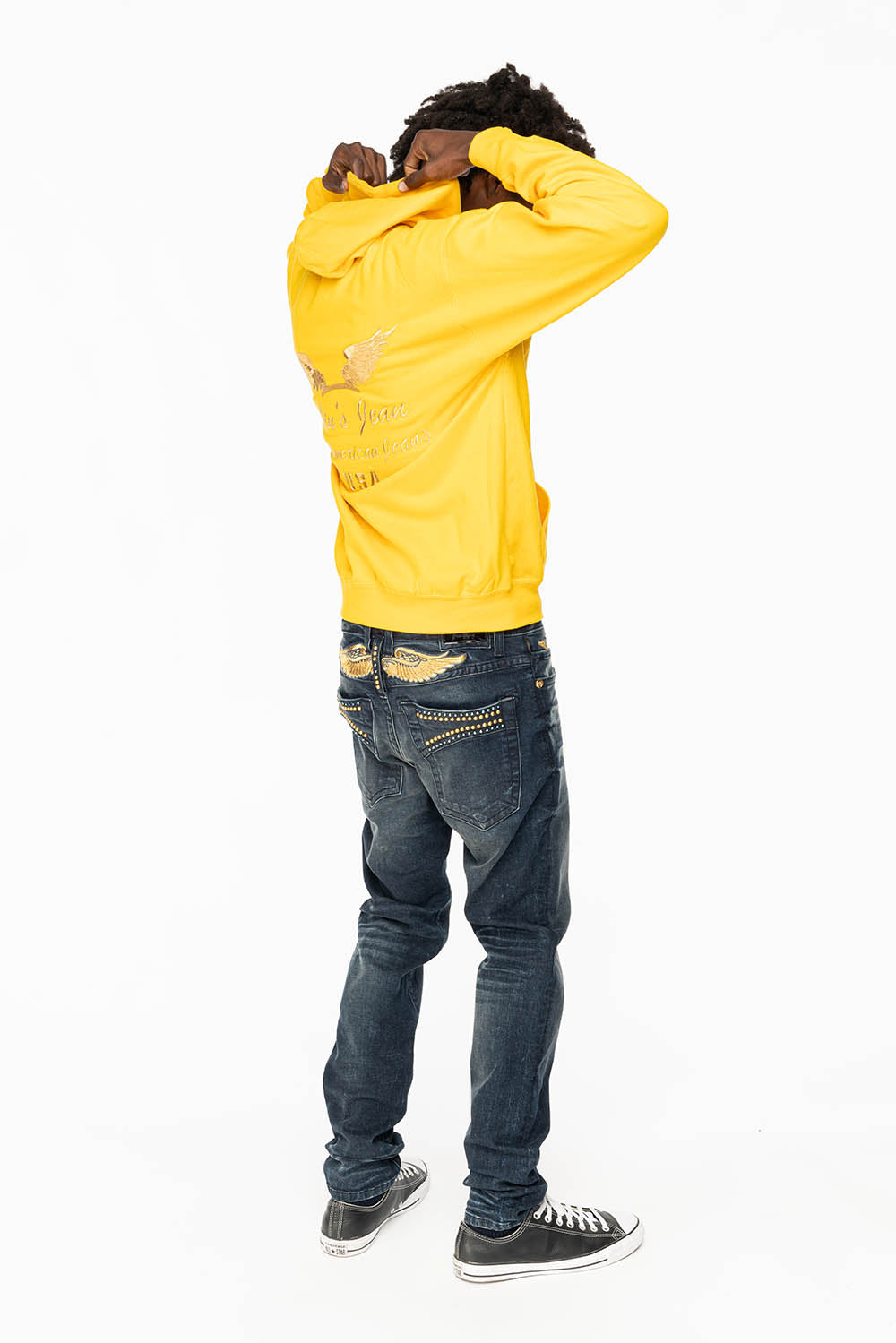 SKINNY MENS JEANS IN 4 D DARK BLUE WASH WITH BLUE SAPPHIRE CRYSTALS AND FROSTY GOLD NAILHEAD