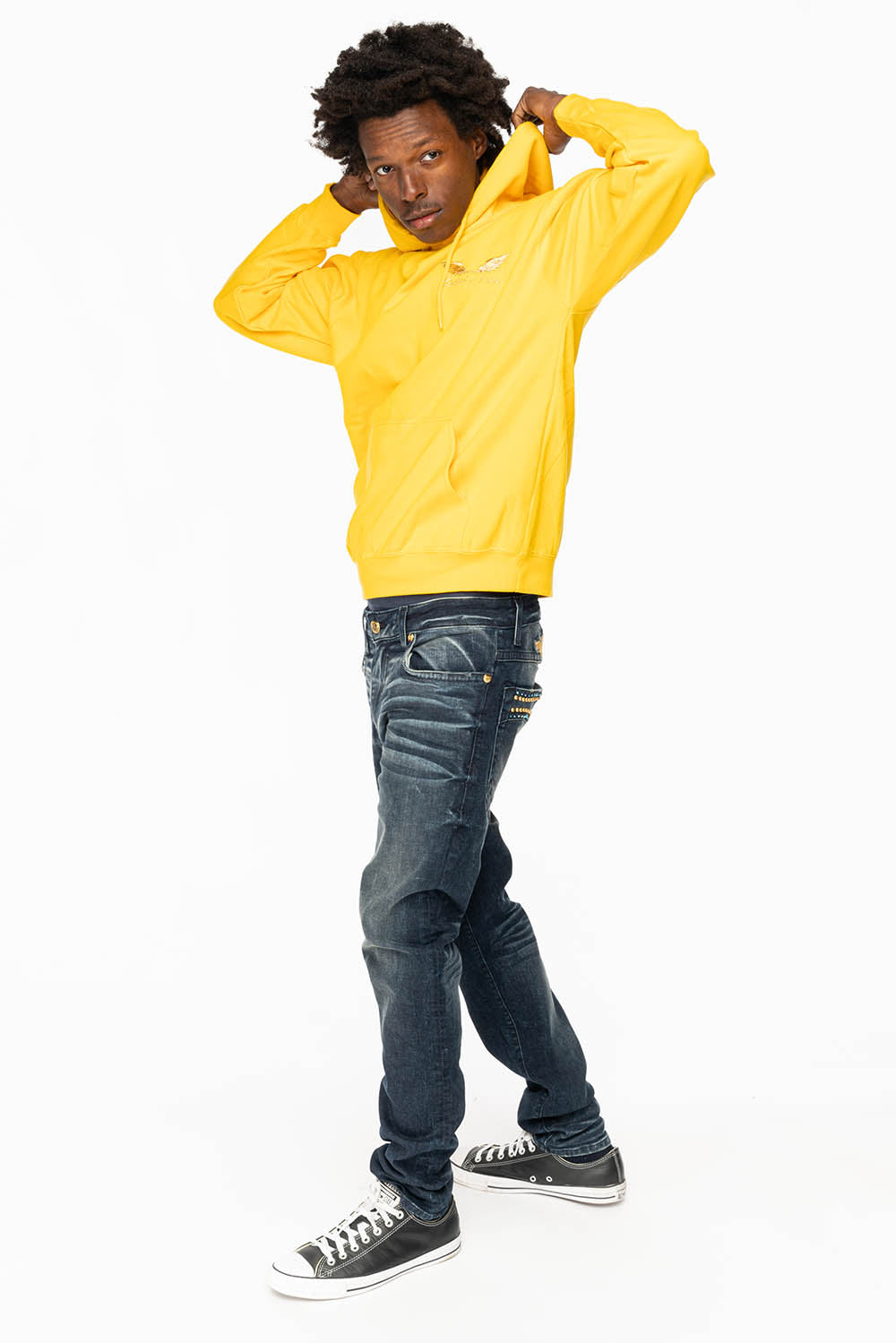 SKINNY MENS JEANS IN 4 D DARK BLUE WASH WITH BLUE SAPPHIRE CRYSTALS AND FROSTY GOLD NAILHEAD