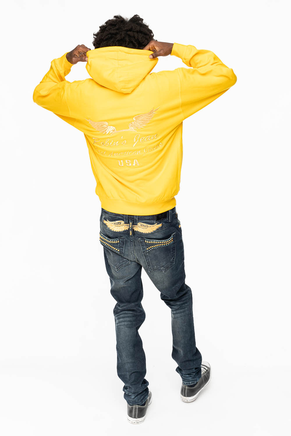 SKINNY MENS JEANS IN 4 D DARK BLUE WASH WITH BLUE SAPPHIRE CRYSTALS AND FROSTY GOLD NAILHEAD