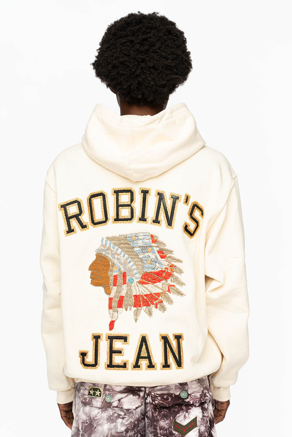 ROBIN’S HEAVY WEIGHT NATIVE AMERICAN CHIEF PULLOVER HOODIE IN CREAM