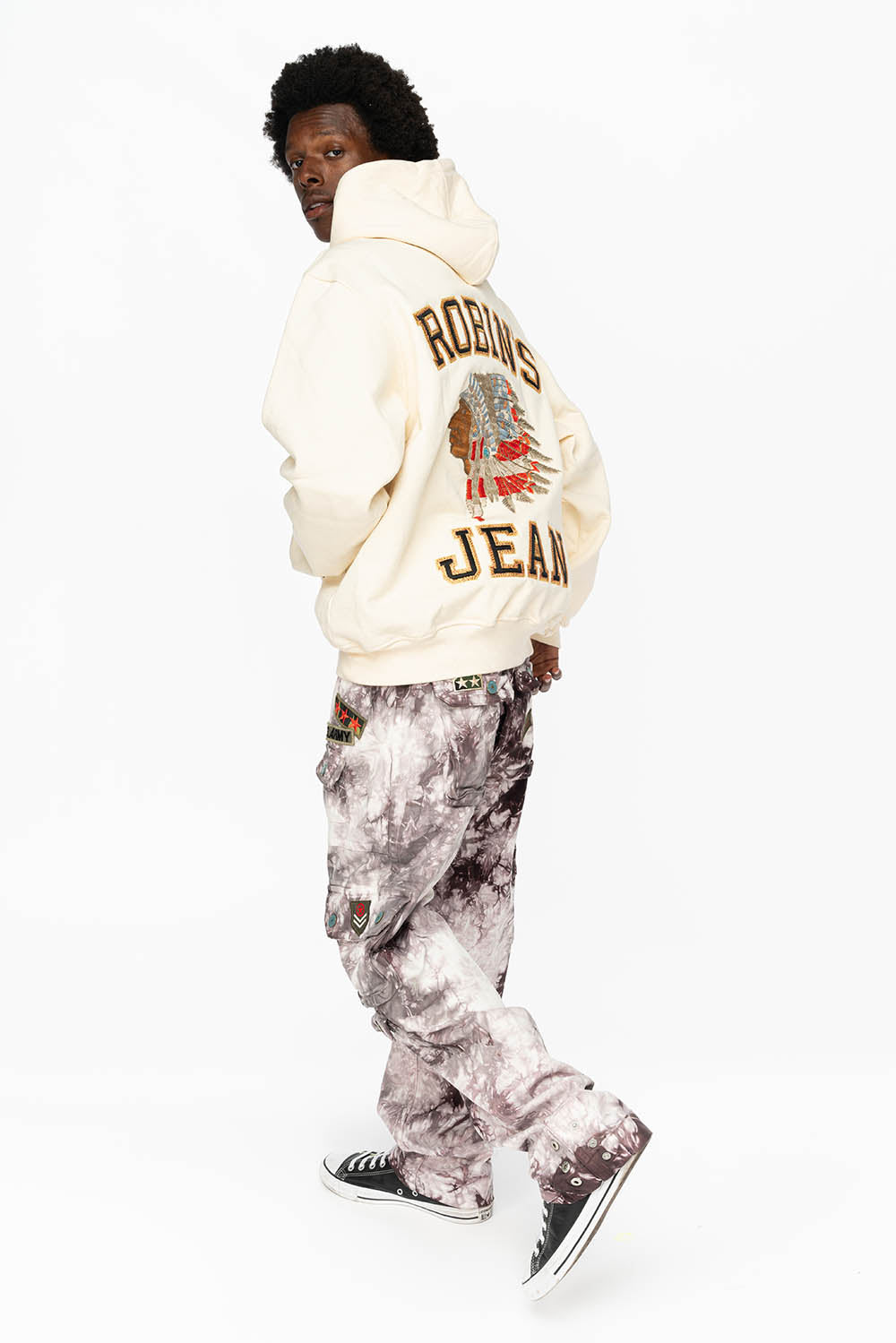 ROBIN’S HEAVY WEIGHT NATIVE AMERICAN CHIEF PULLOVER HOODIE IN CREAM