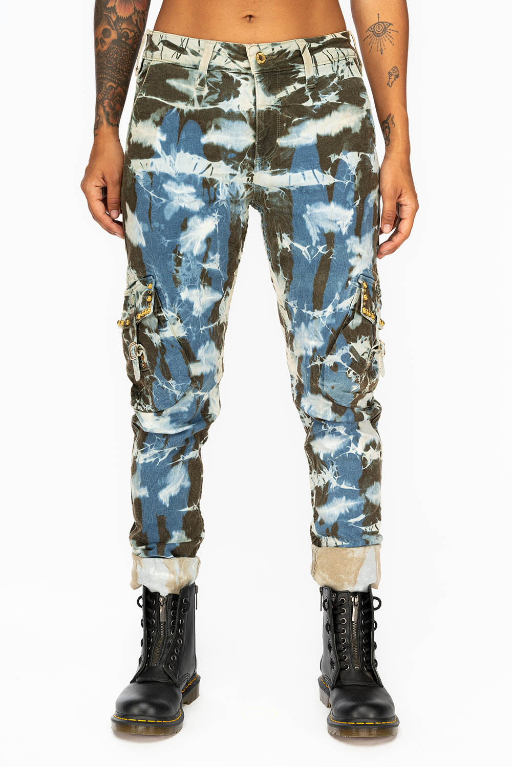 PREDATOR WOMENS CARGO PANTS IN TIE DYE MIAMI WASH WITH CRYSTALS AND STUDS