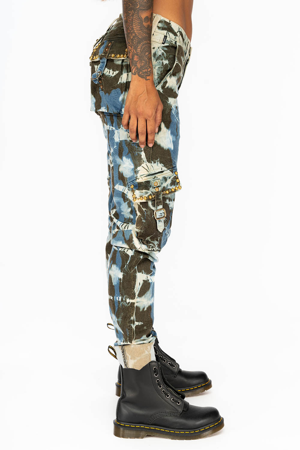 PREDATOR WOMENS CARGO PANTS IN TIE DYE MIAMI WASH WITH CRYSTALS AND STUDS
