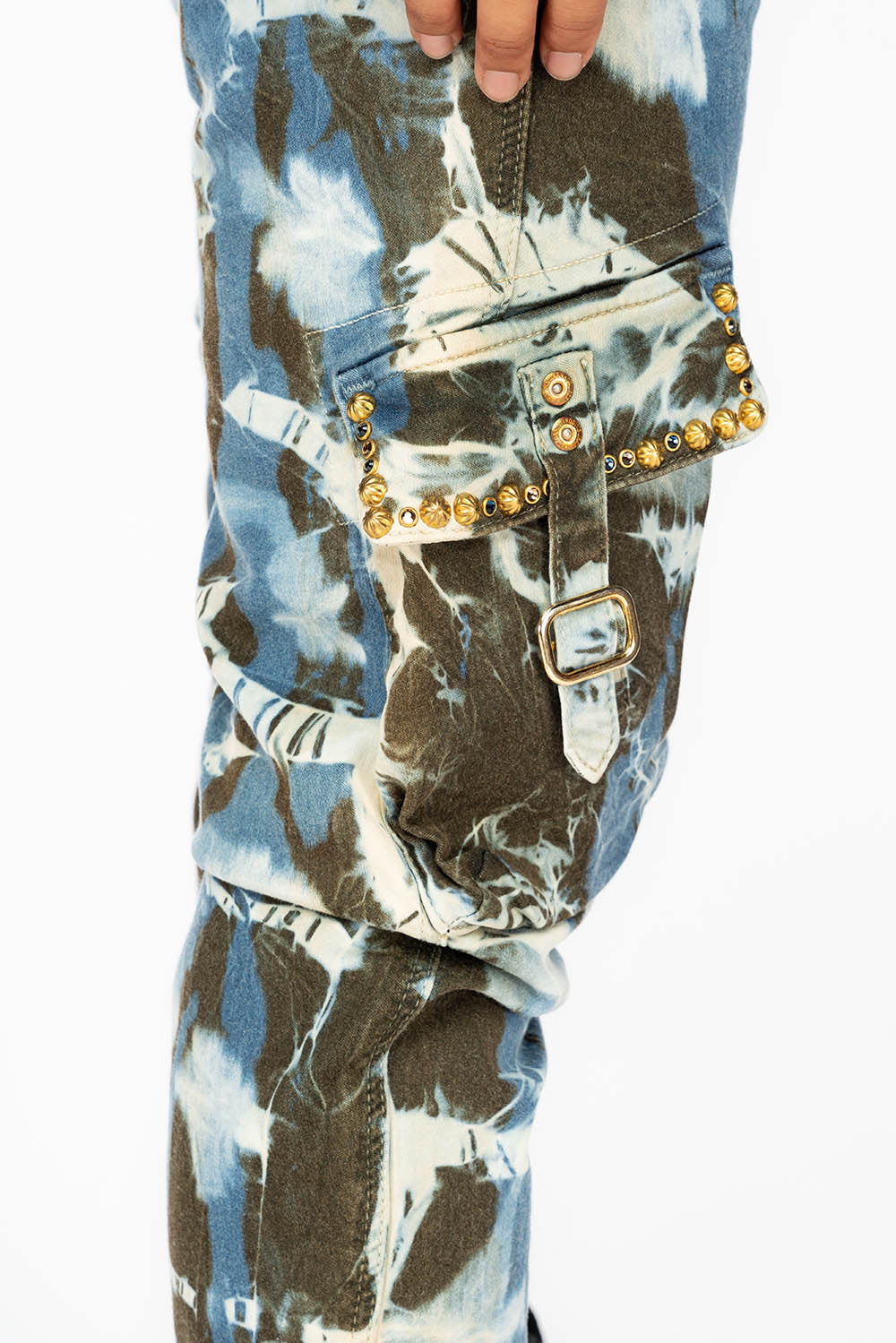 PREDATOR WOMENS CARGO PANTS IN TIE DYE MIAMI WASH WITH CRYSTALS AND STUDS
