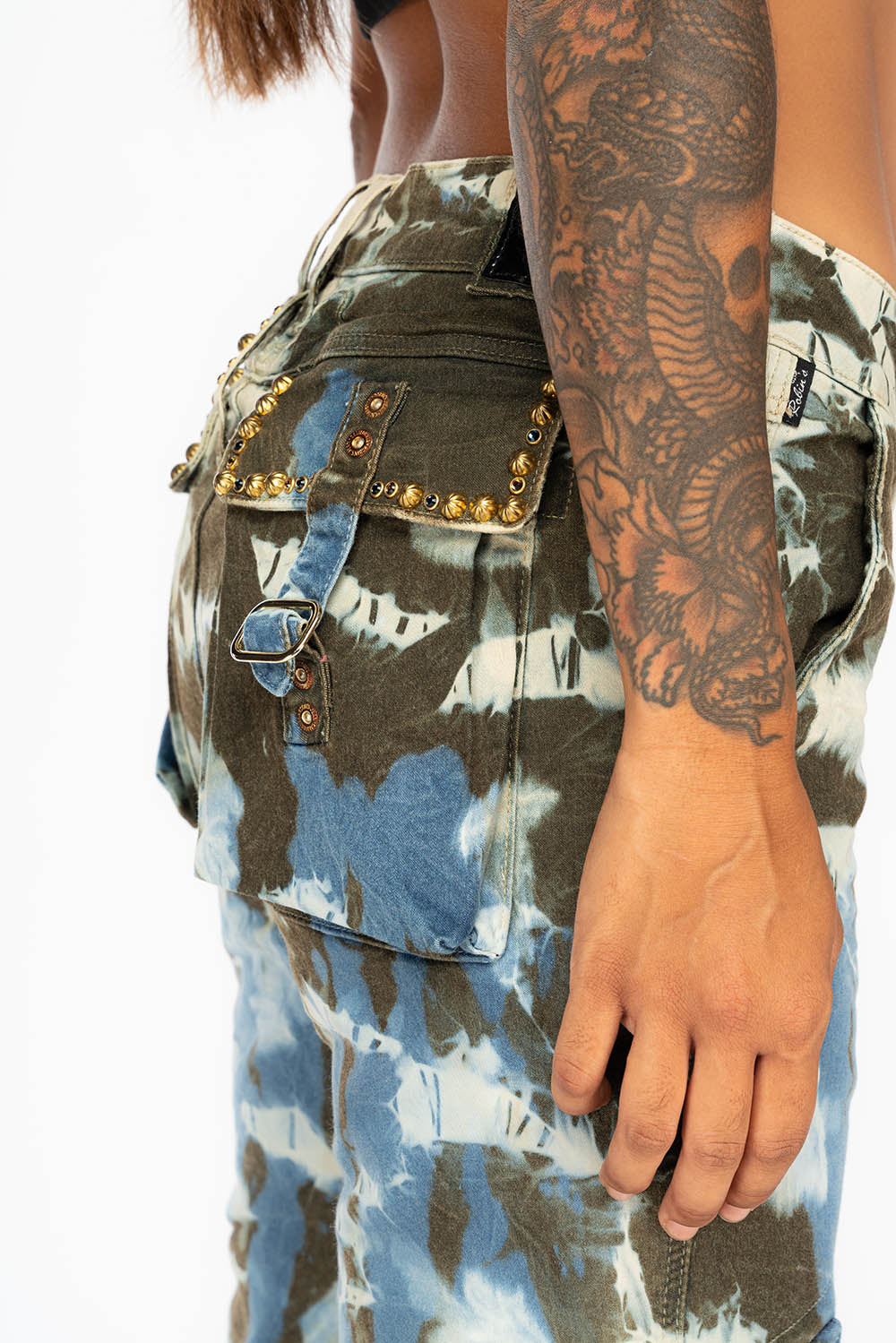 PREDATOR WOMENS CARGO PANTS IN TIE DYE MIAMI WASH WITH CRYSTALS AND STUDS