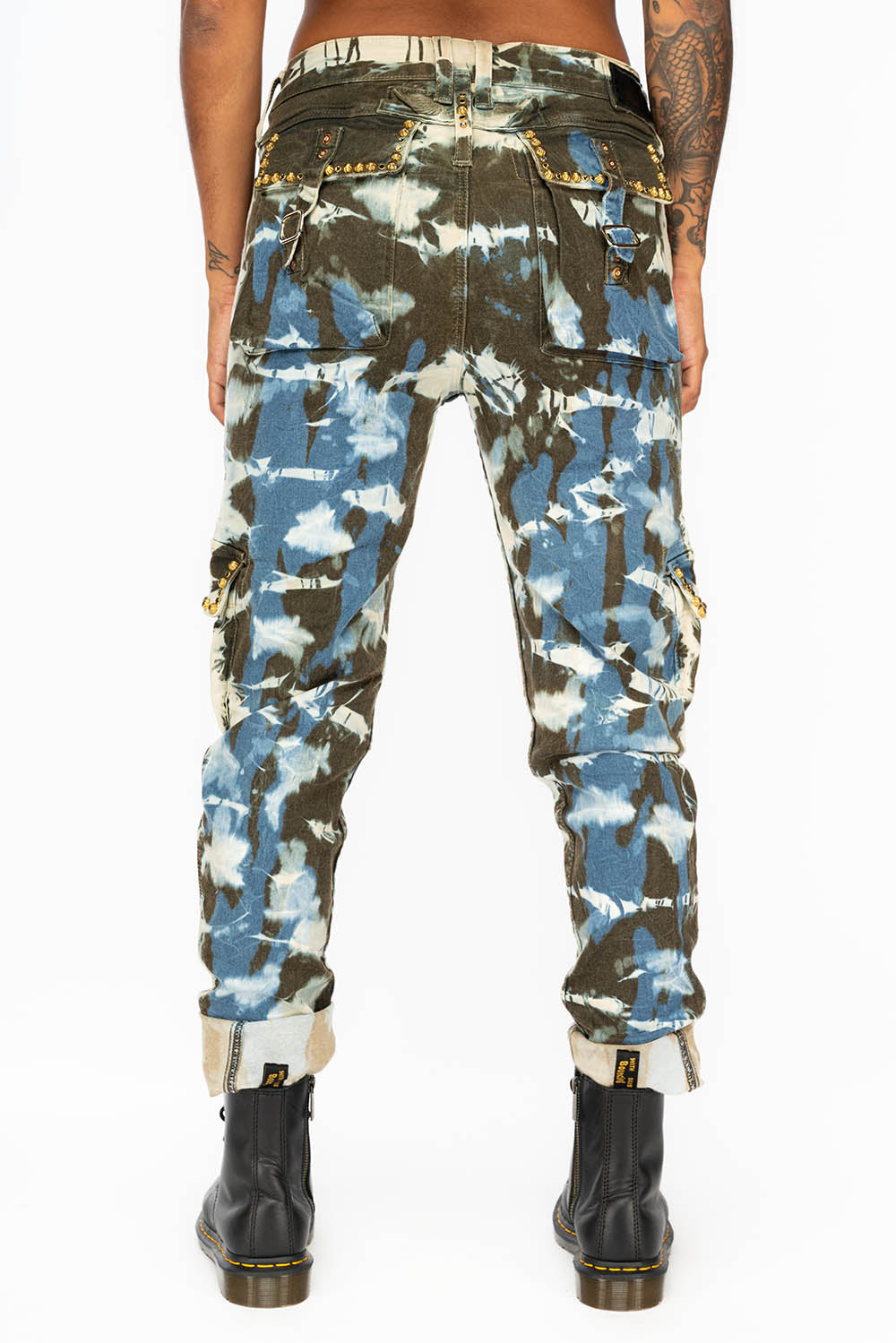 PREDATOR WOMENS CARGO PANTS IN TIE DYE MIAMI WASH WITH CRYSTALS AND STUDS