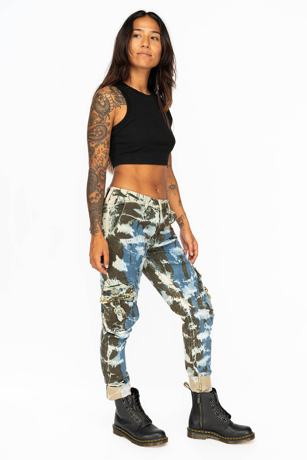 PREDATOR WOMENS CARGO PANTS IN TIE DYE MIAMI WASH WITH CRYSTALS AND STUDS