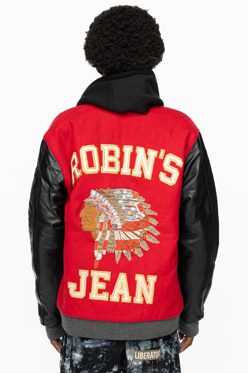 ROBIN’S WOOL & LEATHER VARSITY BOMBER JACKET IN RED/BLACK