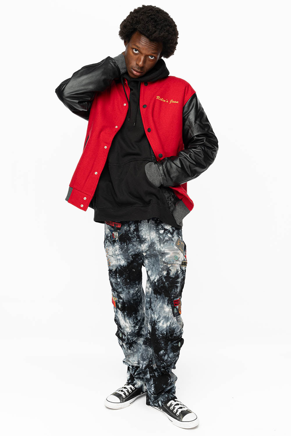 ROBIN’S WOOL & LEATHER VARSITY BOMBER JACKET IN RED/BLACK