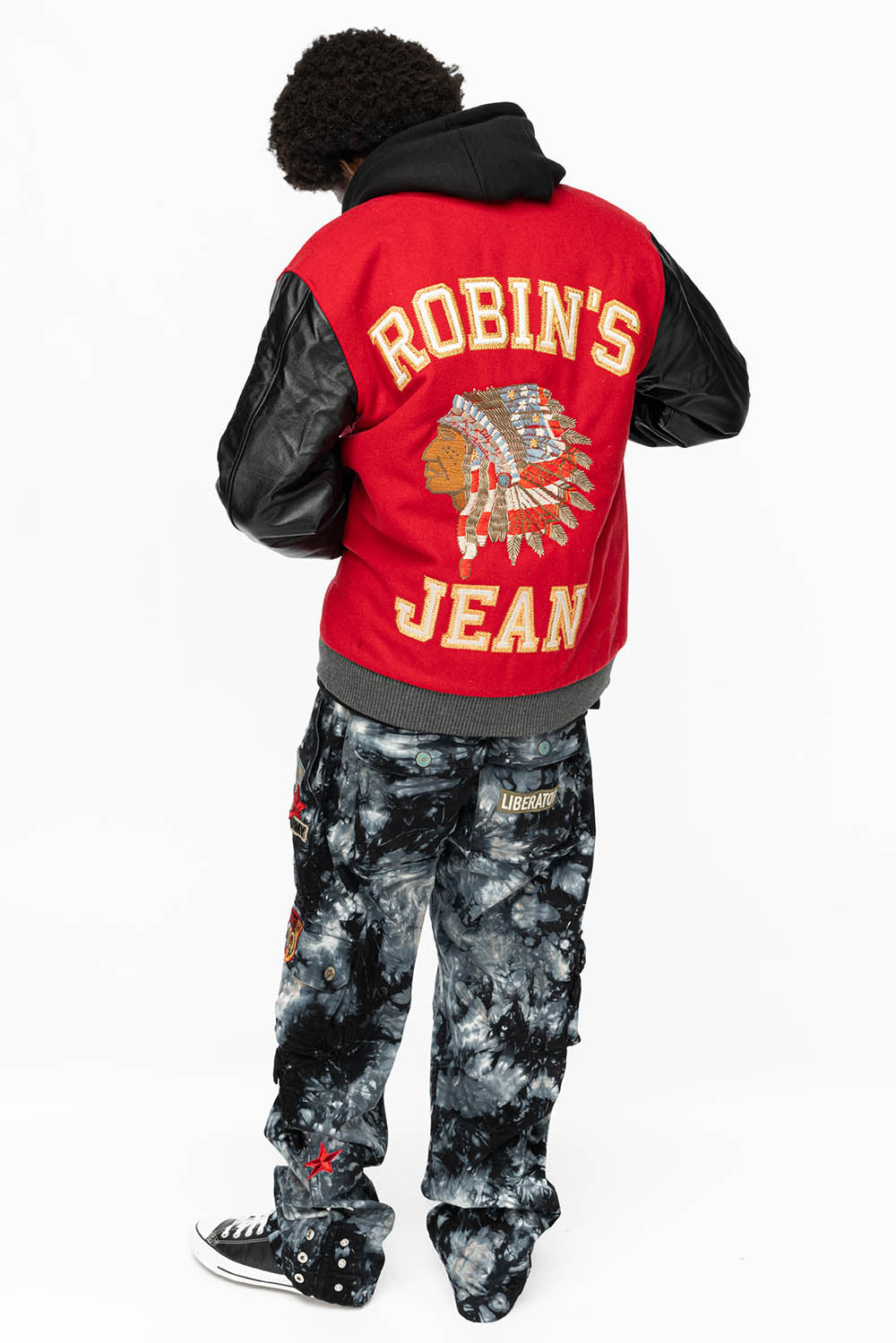 ROBIN’S WOOL & LEATHER VARSITY BOMBER JACKET IN RED/BLACK