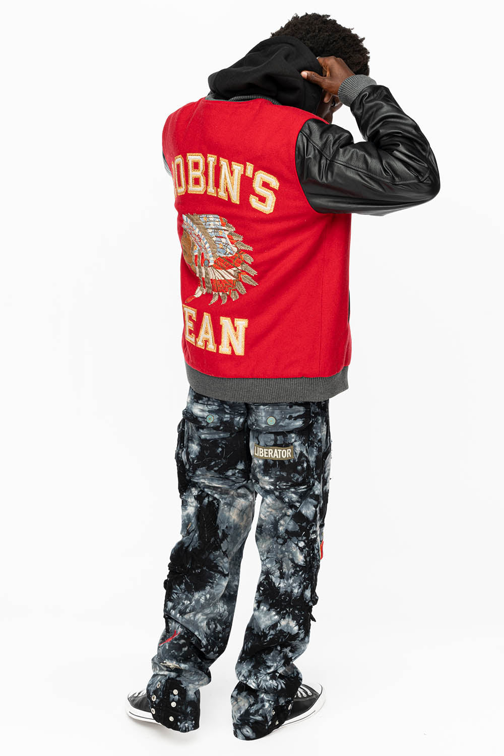 ROBIN’S WOOL & LEATHER VARSITY BOMBER JACKET IN RED/BLACK
