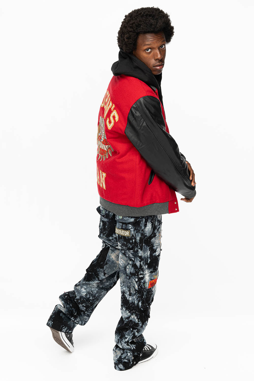 ROBIN’S WOOL & LEATHER VARSITY BOMBER JACKET IN RED/BLACK