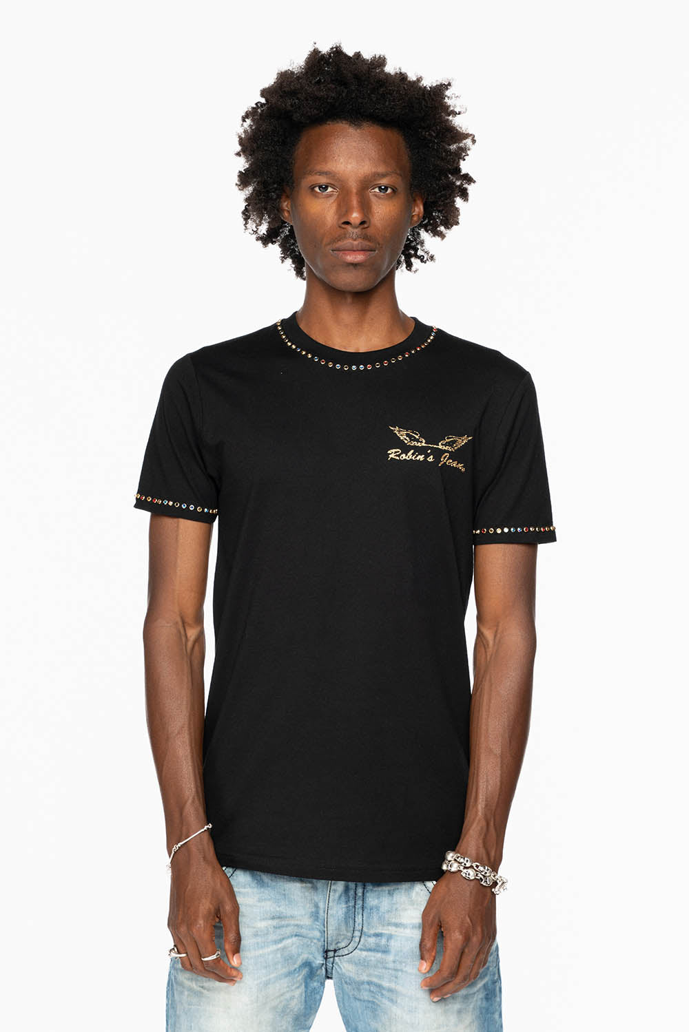 ROBIN’S LOGO WINGS TEE IN BLACK GOLD GLITTER EMBELLISHED WITH MULTI COLOR CRYSTALS