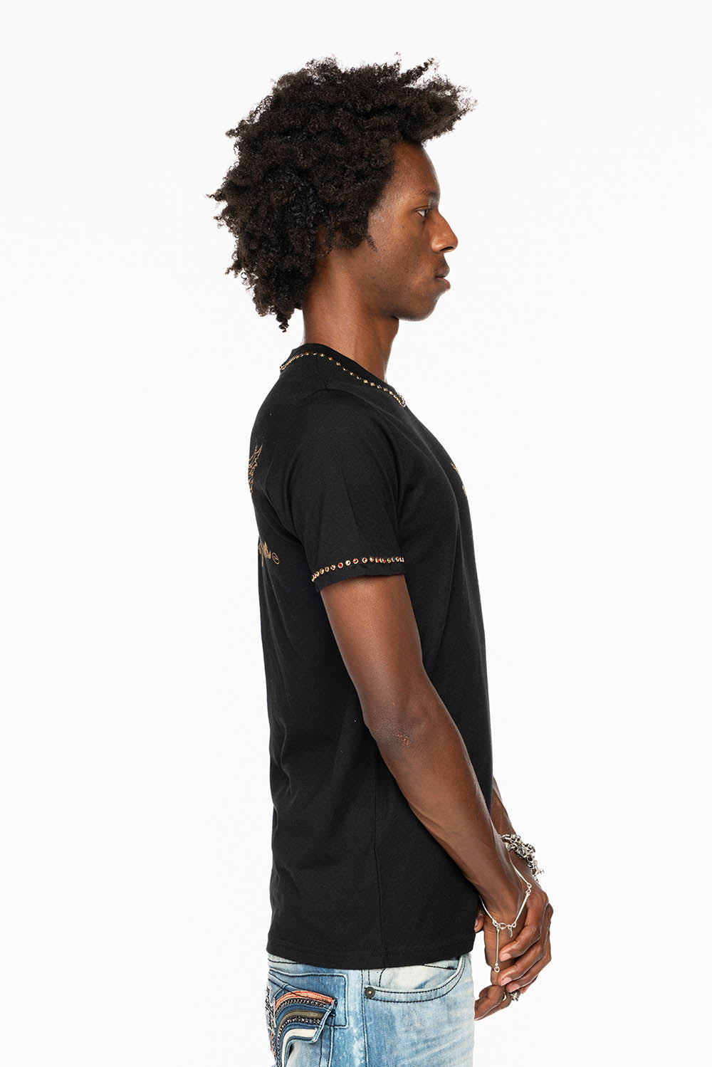 ROBIN’S LOGO WINGS TEE IN BLACK GOLD GLITTER EMBELLISHED WITH MULTI COLOR CRYSTALS