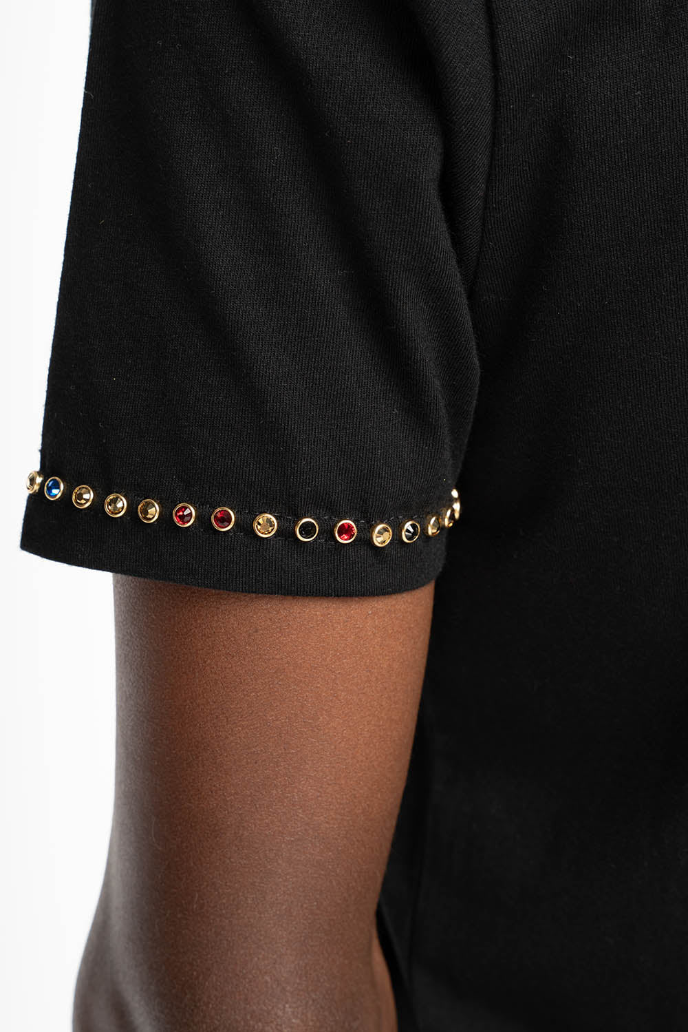ROBIN’S LOGO WINGS TEE IN BLACK GOLD GLITTER EMBELLISHED WITH MULTI COLOR CRYSTALS
