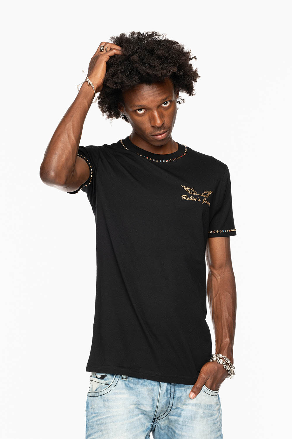 ROBIN’S LOGO WINGS TEE IN BLACK GOLD GLITTER EMBELLISHED WITH MULTI COLOR CRYSTALS