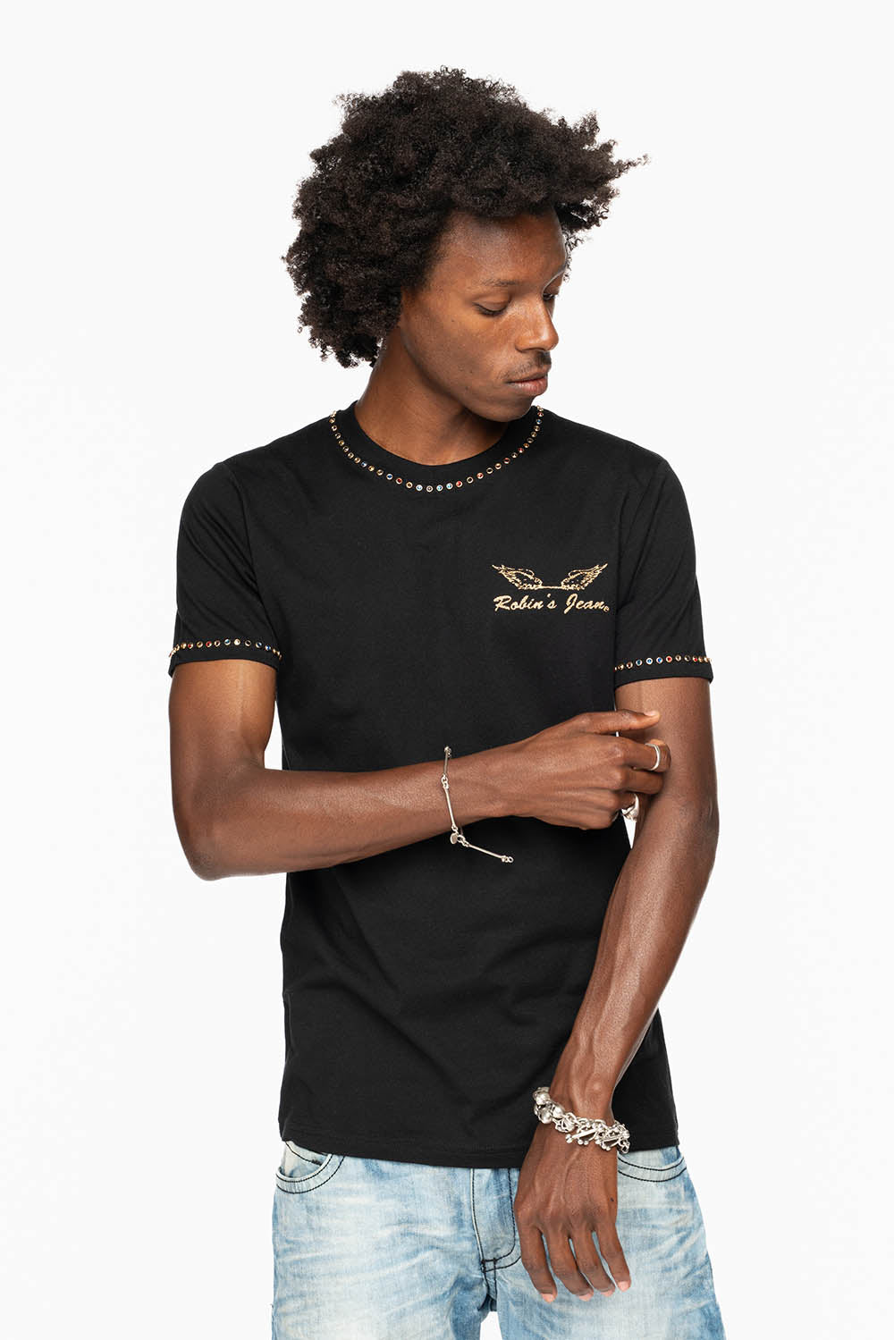 ROBIN’S LOGO WINGS TEE IN BLACK GOLD GLITTER EMBELLISHED WITH MULTI COLOR CRYSTALS