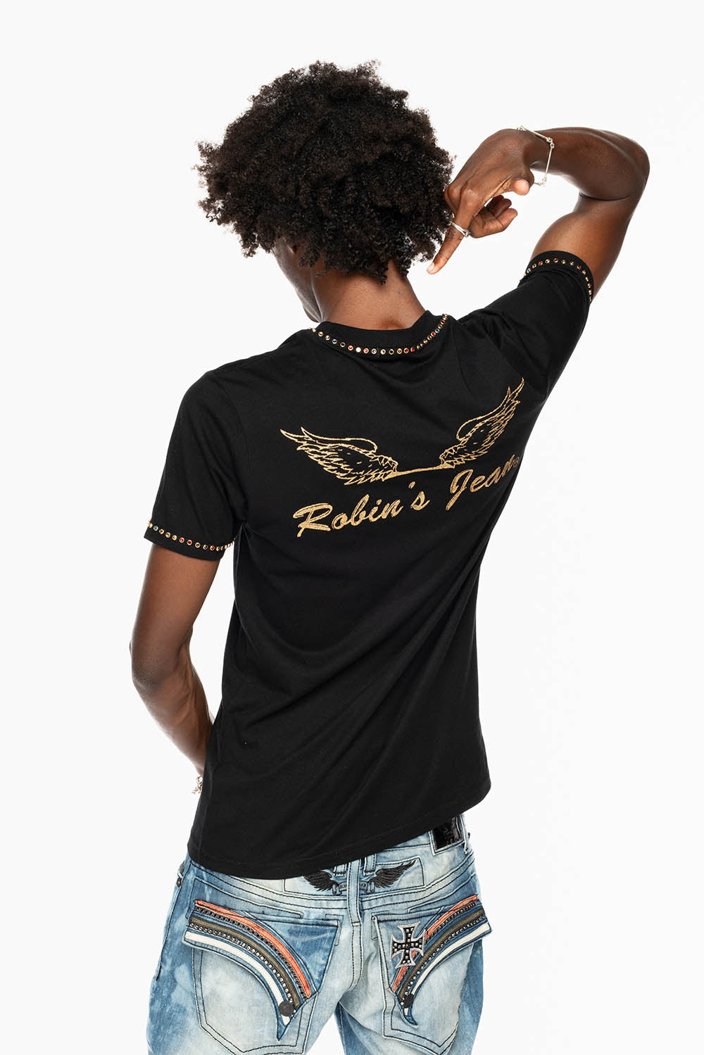 ROBIN’S LOGO WINGS TEE IN BLACK GOLD GLITTER EMBELLISHED WITH MULTI COLOR CRYSTALS
