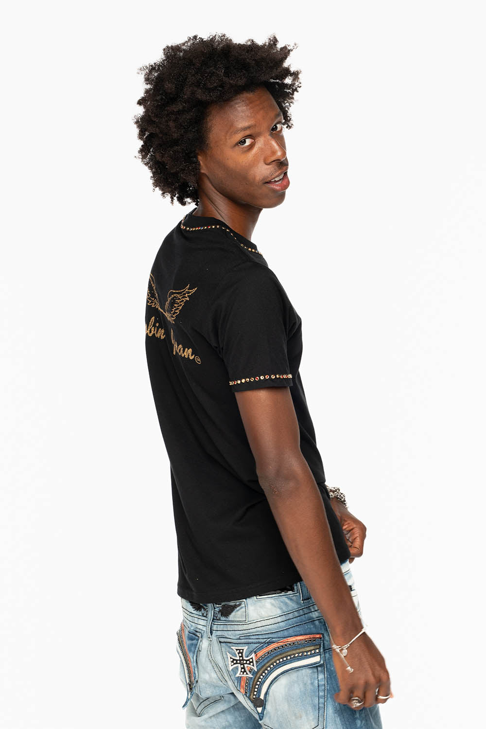 ROBIN’S LOGO WINGS TEE IN BLACK GOLD GLITTER EMBELLISHED WITH MULTI COLOR CRYSTALS