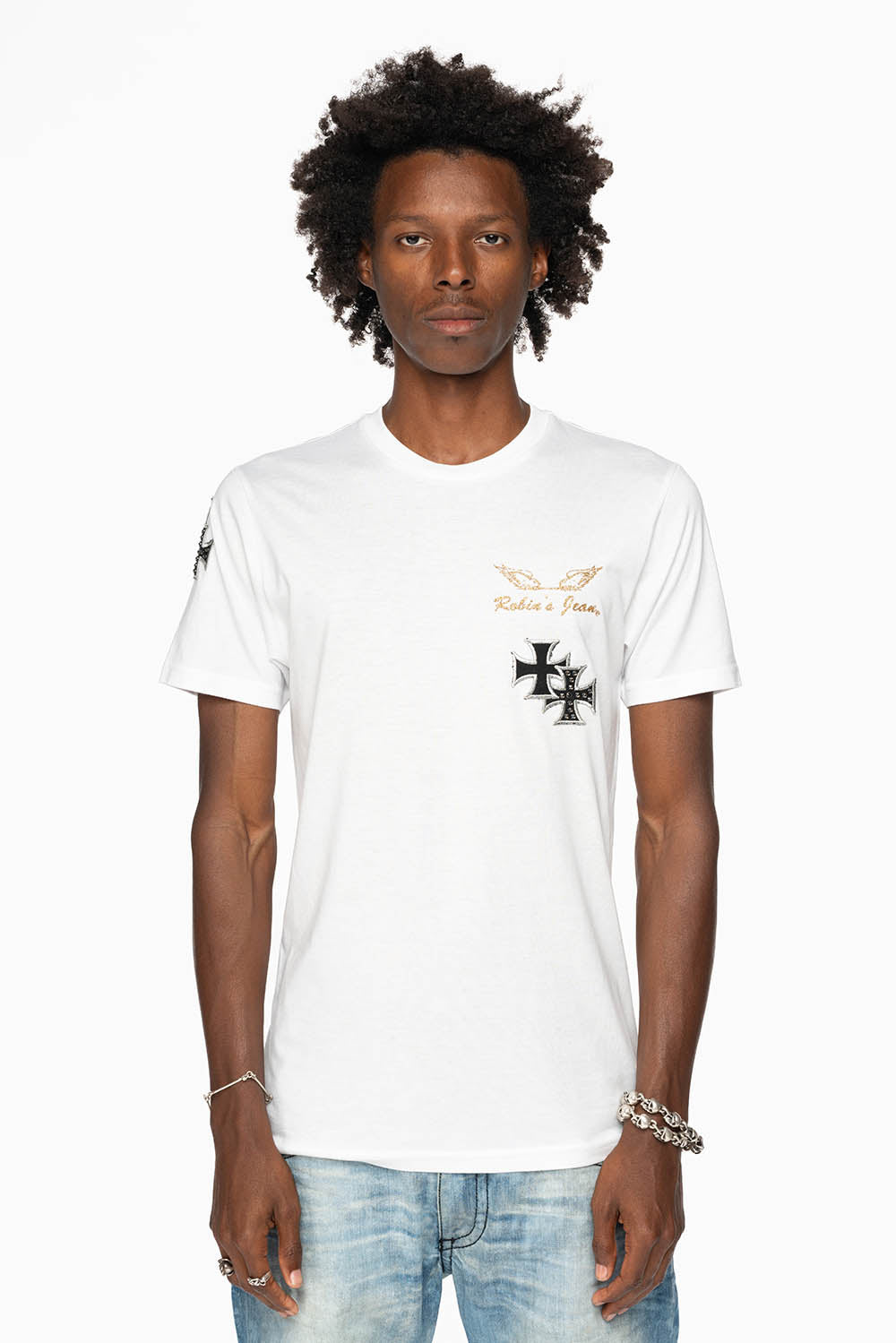 ROBIN’S LOGO WINGS TEE IN WHITE  EMBELLISHED WITH CROSS PATCHES AND CRYSTALS