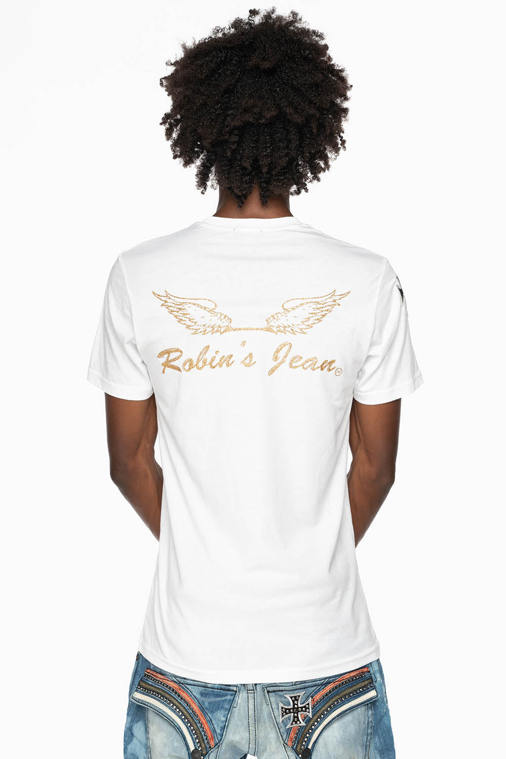 ROBIN’S LOGO WINGS TEE IN WHITE  EMBELLISHED WITH CROSS PATCHES AND CRYSTALS