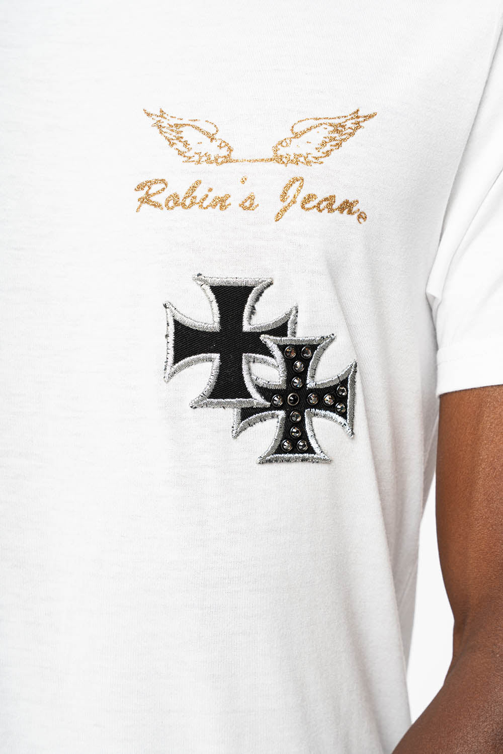 ROBIN’S LOGO WINGS TEE IN WHITE  EMBELLISHED WITH CROSS PATCHES AND CRYSTALS