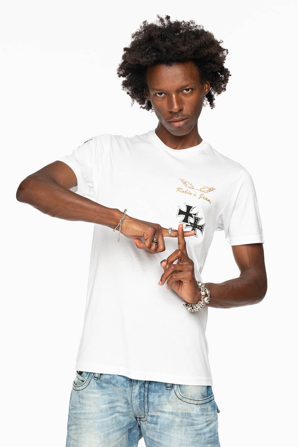 ROBIN’S LOGO WINGS TEE IN WHITE  EMBELLISHED WITH CROSS PATCHES AND CRYSTALS