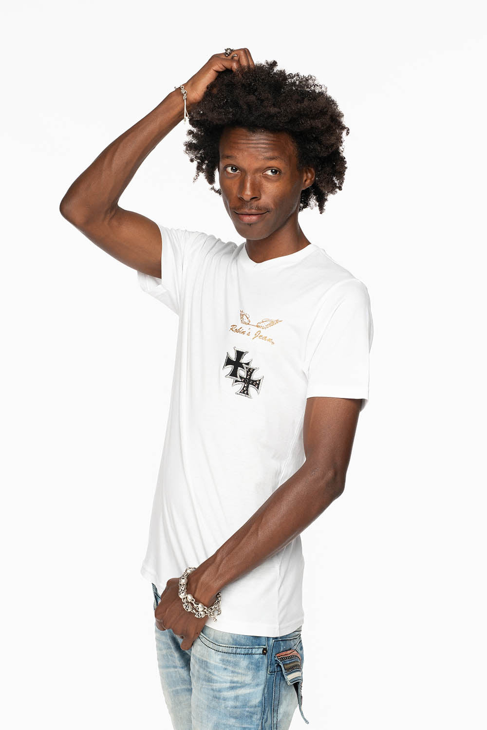 ROBIN’S LOGO WINGS TEE IN WHITE  EMBELLISHED WITH CROSS PATCHES AND CRYSTALS