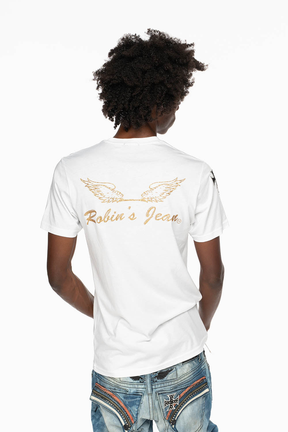 ROBIN’S LOGO WINGS TEE IN WHITE  EMBELLISHED WITH CROSS PATCHES AND CRYSTALS