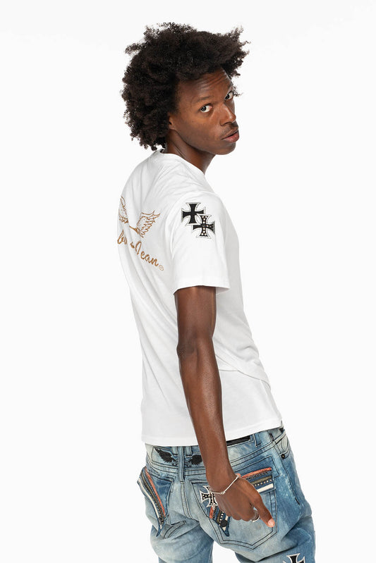 ROBIN’S LOGO WINGS TEE IN WHITE  EMBELLISHED WITH CROSS PATCHES AND CRYSTALS