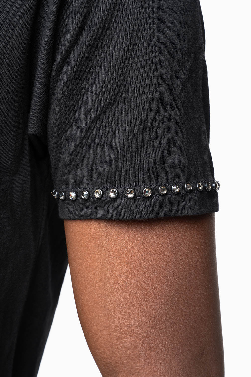 ROBIN’S LOGO WINGS TEE IN BLACK SILVER GLITTER EMBELLISHED WITH BLACK DIAMOND CRYSTALS