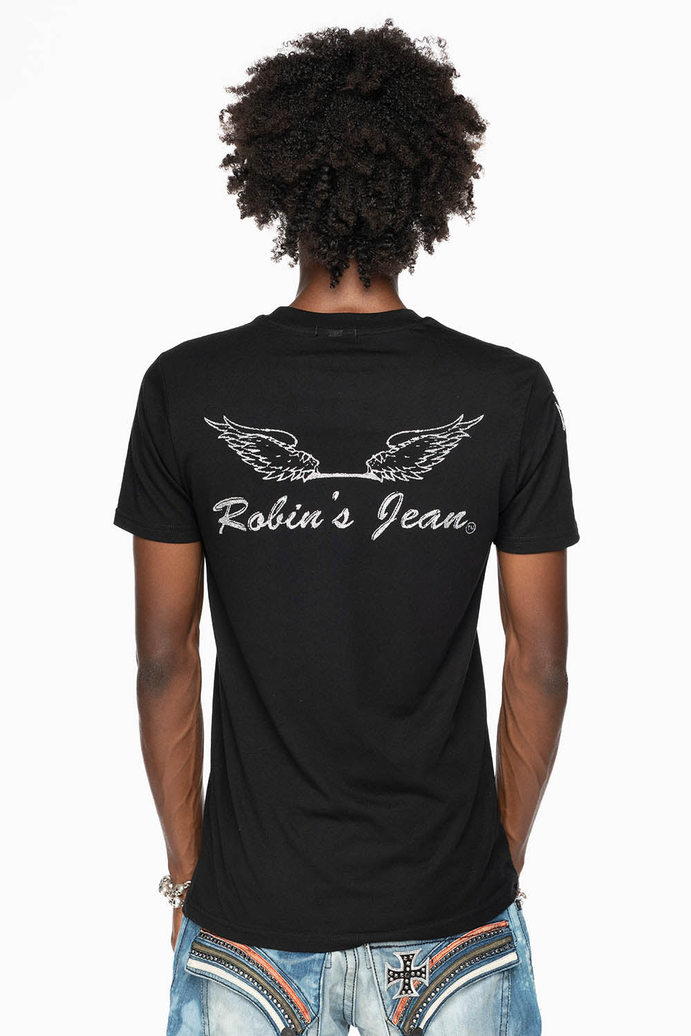 ROBIN’S LOGO WINGS TEE IN BLACK  EMBELLISHED WITH CROSS PATCHES AND CRYSTALS