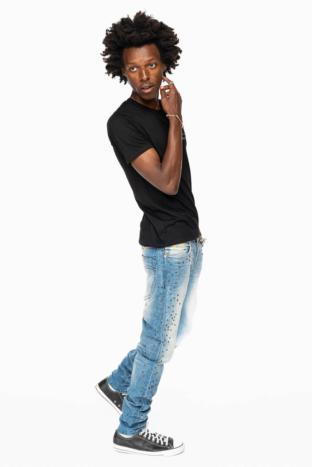 SKINNY JEAN IN BLUE 5D LIGHT WASH EMBELLISHED SIDE LEGS WITH