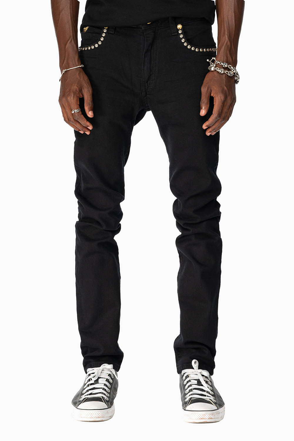 SKINNY JEAN IN PURE BLACK WITH GOLD/SILVER ROBIN’S LOGO EMBELLISHED WITH GOLD NAILHEAD STUDS
