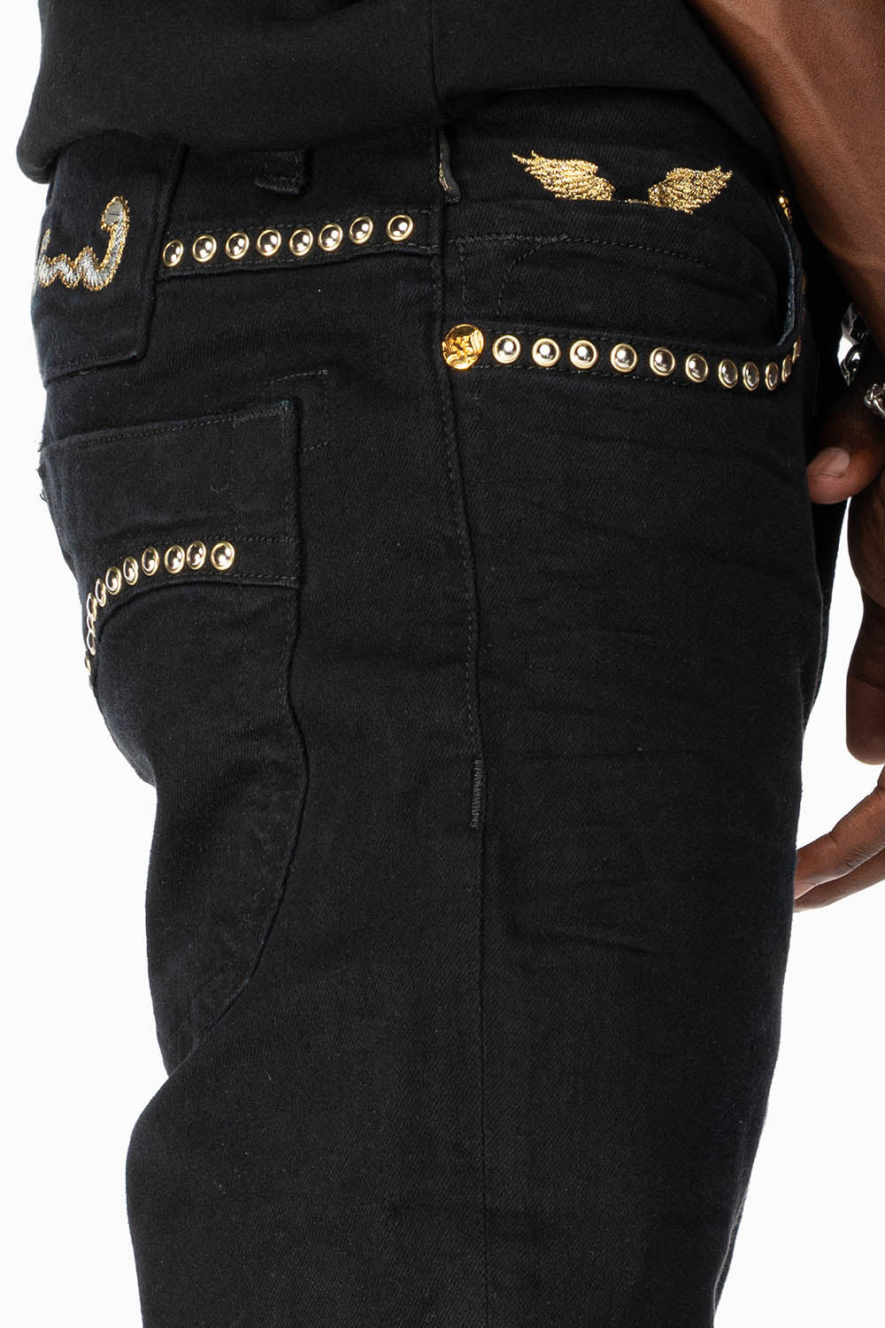 SKINNY JEAN IN PURE BLACK WITH GOLD/SILVER ROBIN’S LOGO EMBELLISHED WITH GOLD NAILHEAD STUDS