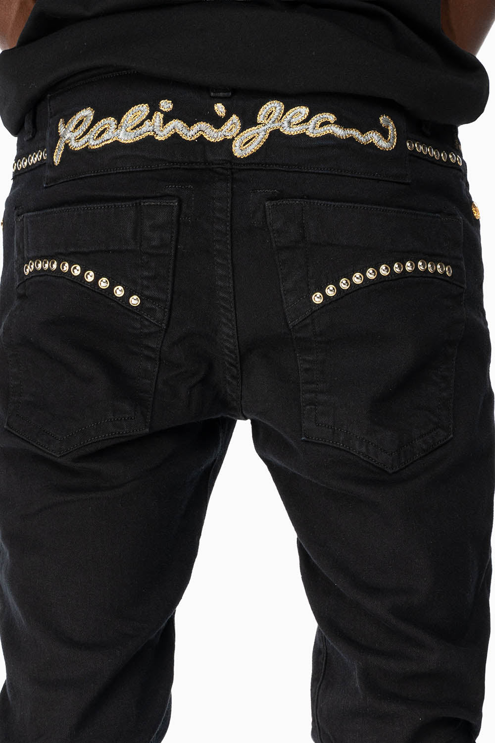 SKINNY JEAN IN PURE BLACK WITH GOLD/SILVER ROBIN’S LOGO EMBELLISHED WITH GOLD NAILHEAD STUDS