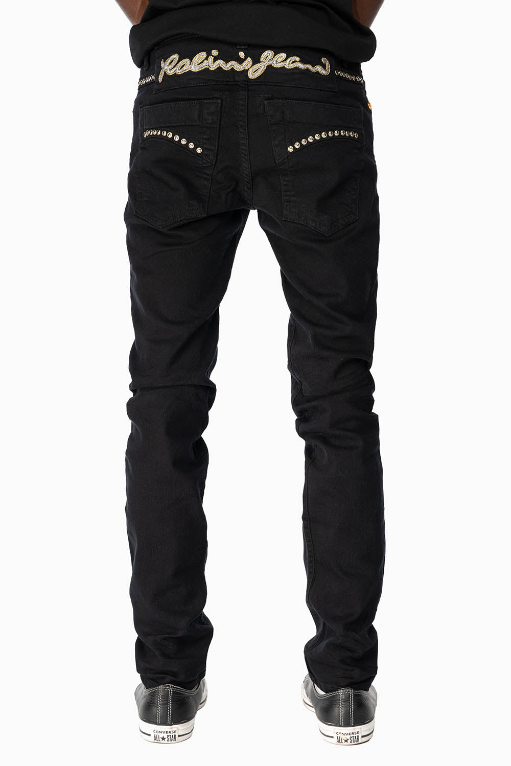 SKINNY JEAN IN PURE BLACK WITH GOLD/SILVER ROBIN’S LOGO EMBELLISHED WITH GOLD NAILHEAD STUDS