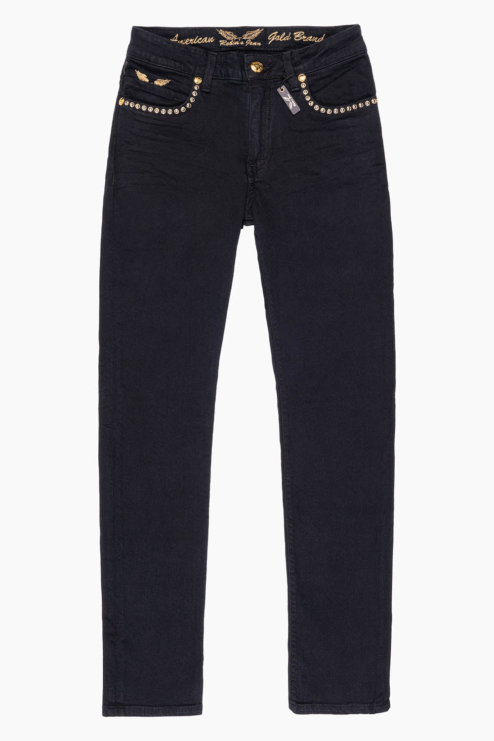 SKINNY JEAN IN PURE BLACK WITH GOLD/SILVER ROBIN’S LOGO EMBELLISHED WITH GOLD NAILHEAD STUDS