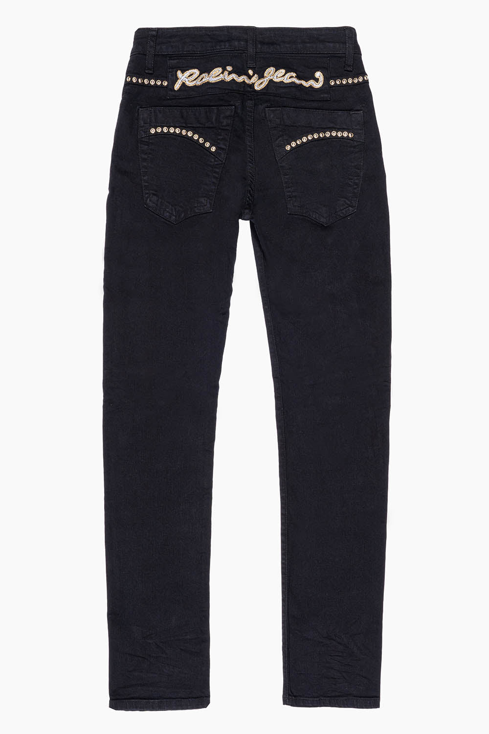 SKINNY JEAN IN PURE BLACK WITH GOLD/SILVER ROBIN’S LOGO EMBELLISHED WITH GOLD NAILHEAD STUDS