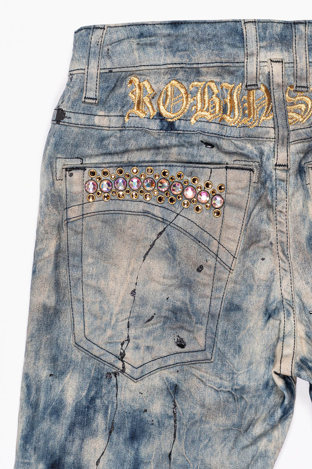 SKINNY MENS JEANS IN FROZEN WASH WITH AB CRYSTAL AND SMOKY TOPAZ CRYSTALS