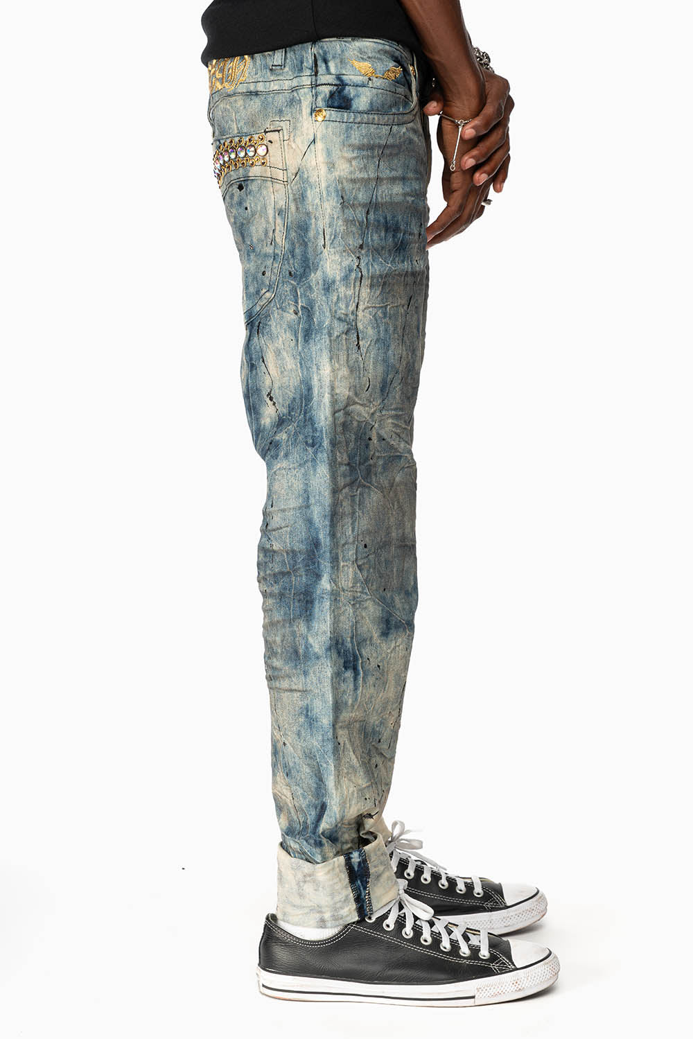 SKINNY MENS JEANS IN FROZEN WASH WITH AB CRYSTAL AND SMOKY TOPAZ CRYSTALS
