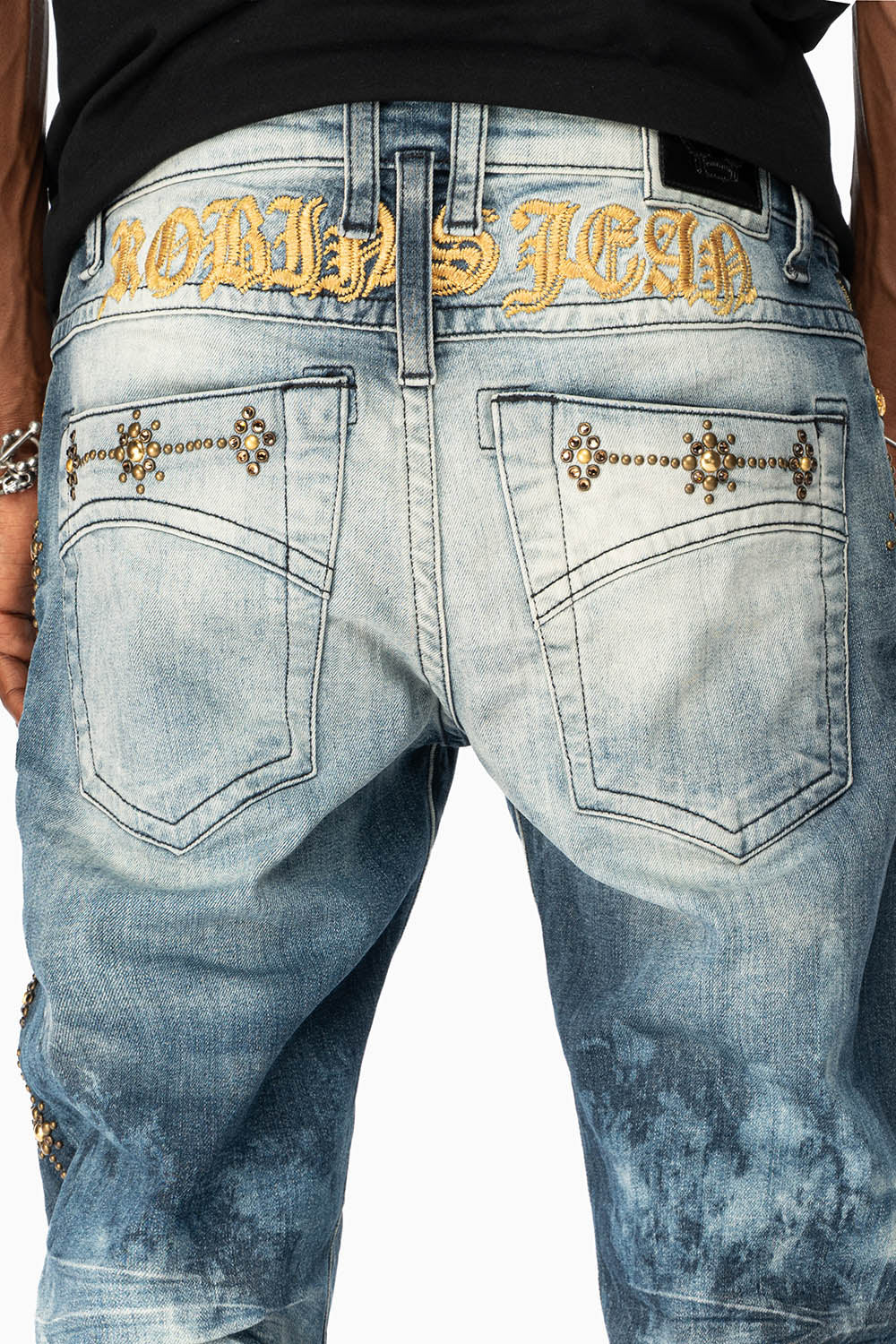 SKINNY MENS JEANS IN BLUE CLOUD JAPAN WITH GUNSLINGER CRYSTAL MOTIF
