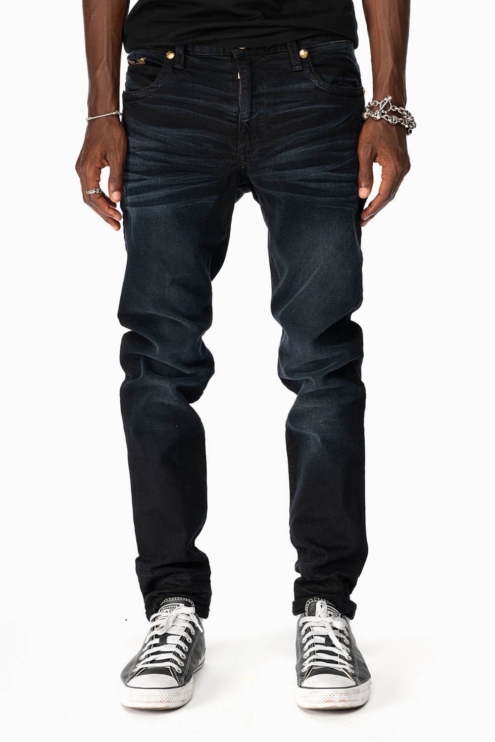 SKINNY MENS JEANS IN F_D UP BLACK WASH WITH RED AND GOLD AURUM CRYSTALS
