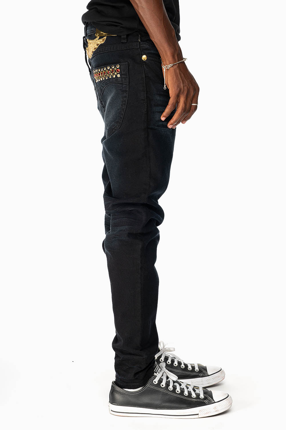 SKINNY MENS JEANS IN F_D UP BLACK WASH WITH RED AND GOLD AURUM CRYSTALS